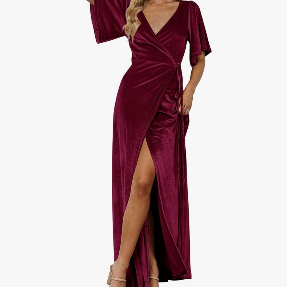 MEROKEETY Women's V Neck Wrap Velvet Maxi Wedding Guest Dress Bell Sleeve <268> - Picture 2 of 7